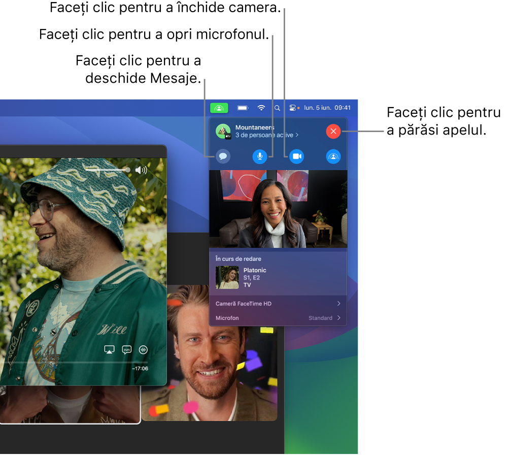 Comenzile SharePlay afișate în bara Meniu, inclusiv butoanele pentru deschiderea aplicației Mesaje, tăierea microfonului, oprirea camerei și părăsirea apelului