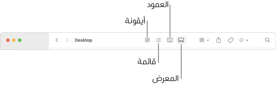 الجزء العلوي من نافذة فايندر يعرض أزرار الخيار عرض لمجلد.