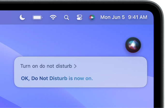 نافذة Siri تعرض طلبًا لإكمال المهمة، "تشغيل عدم الإزعاج".