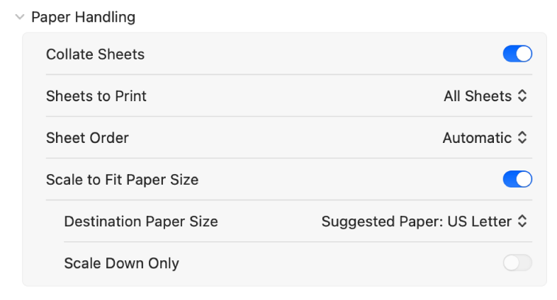 خيارات معالجة الورق في مربع حوار الطباعة تعرض الخيارات: تحجيم لملاءمة حجم الورقة وحجم ورق الوجهة وتقليل الحجم فقط.