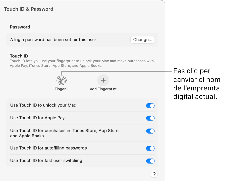 La configuració del Touch ID i contrasenya, amb una empremta digital a punt per fer‑la servir per desbloquejar el Mac.