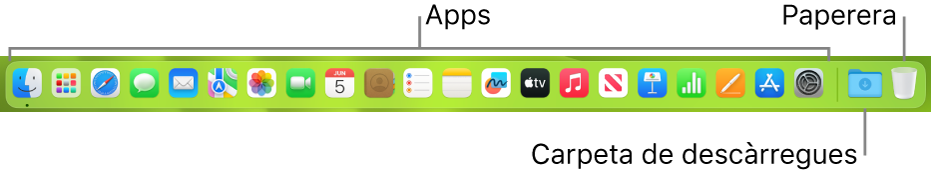 El Dock amb icones d’apps, la pila Descàrregues i la paperera.