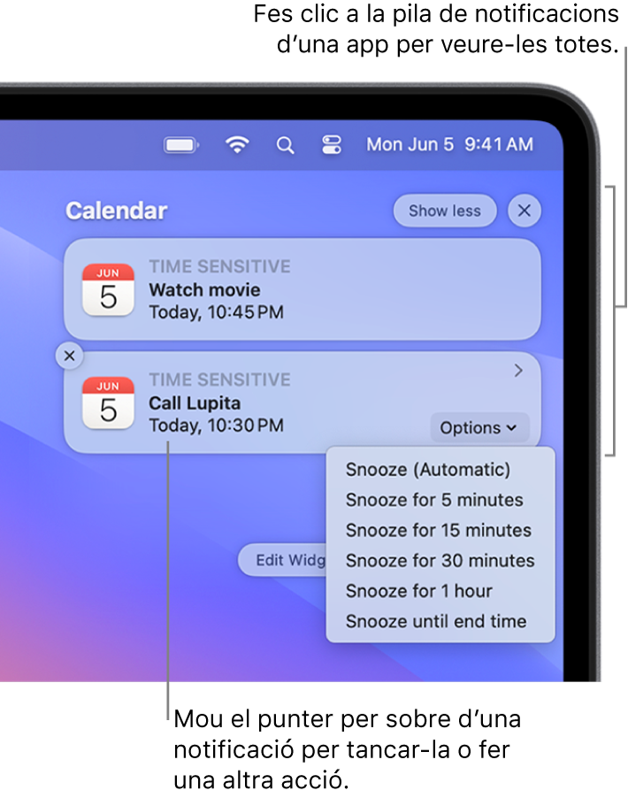 Notificacions d’app a l’angle superior dret de l’escriptori que inclou una pila oberta de dues notificacions de l’app Recordatoris amb el botó “Mostrar‑ne menys” per contraure la pila i una notificació de l’app Calendari amb un botó Ajornar.