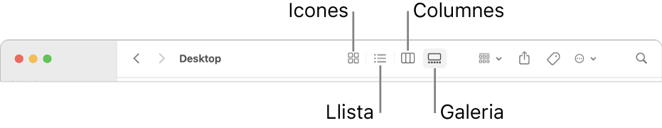 La barra d’eines del Finder que mostra els botons de les opcions de visualització d’una carpeta.