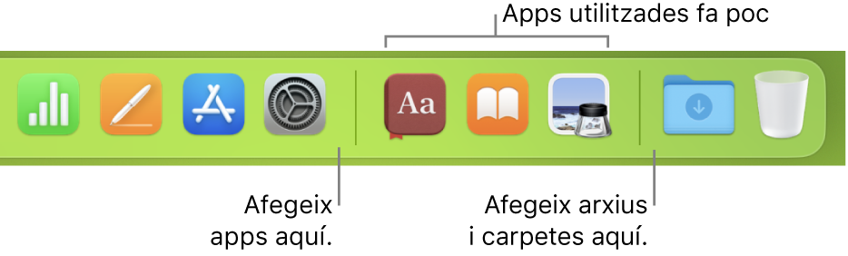 Una part del Dock que mostra les línies separadores entre les apps, les apps utilitzades recentment, i els arxius i carpetes.
