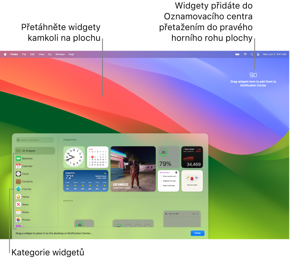 Galerie widgetů se seznamem kategorií widgetů na levé straně a dostupnými widgety napravo.