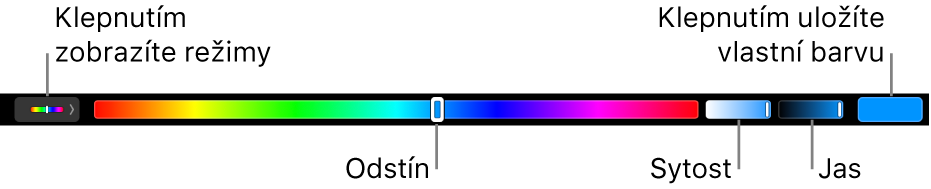Touch Bar s jezdci odstínu, sytosti a jasu pro režim HSB. Na levém kraji se nachází tlačítko pro zobrazení všech režimů; napravo je tlačítko pro uložení vlastní barvy