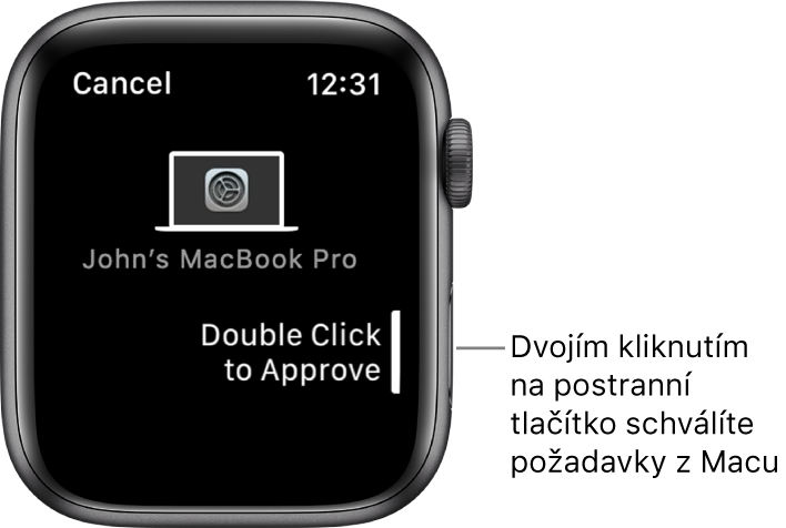 Hodinky Apple Watch zobrazující požadavek na schválení z MacBooku Pro