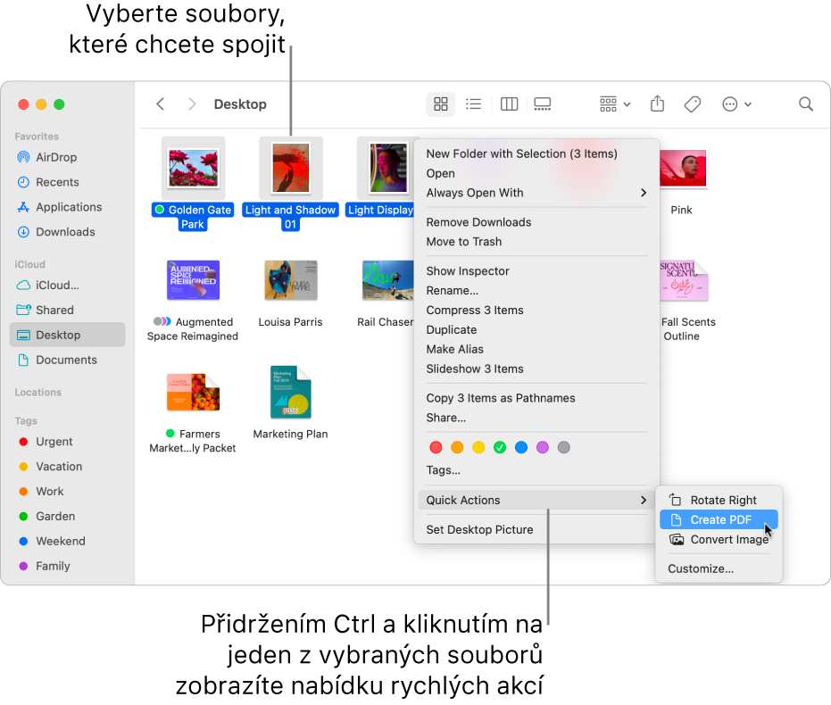 Okno Finderu se soubory a složkami, v němž jsou vybrány tři soubory. V nabídce Rychlé akce je zvýrazněna volba „Vytvořit PDF“.