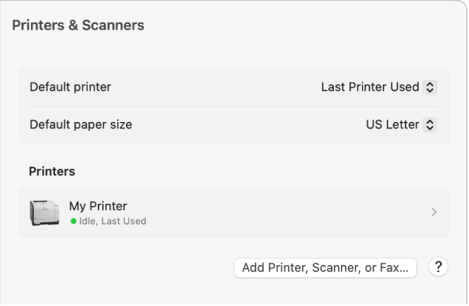Dialogové okno Tiskárny a skenery zobrazující volby pro nastavení tiskárny a seznam tiskáren s tlačítkem Přidat tiskárnu, skener nebo fax