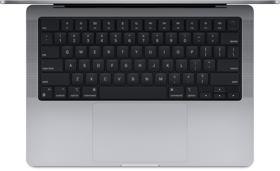 Diagram funkčních kláves na Macu s čísly funkčních kláves a ikonami speciálních funkcí