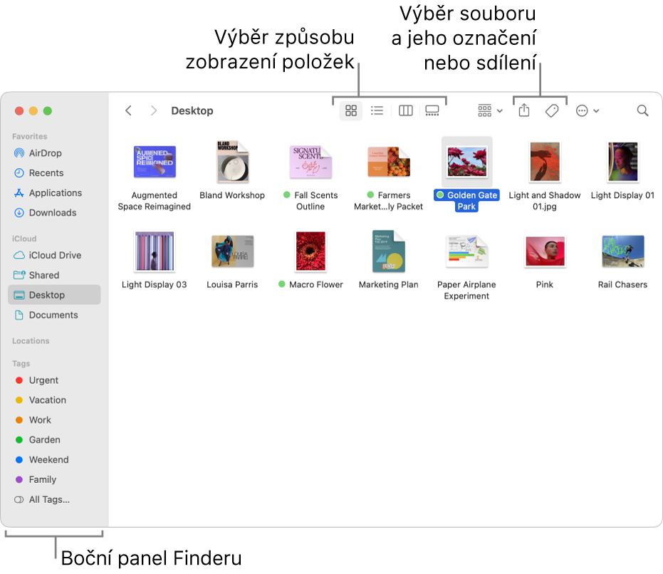 Okno Finderu s bočním panelem Finderu vlevo. Nahoře v okně jsou vidět čtyři tlačítka, jejichž popisky se mění podle způsobu zobrazení položek v okně, a také další tlačítka pro uspořádání a sdílení položek