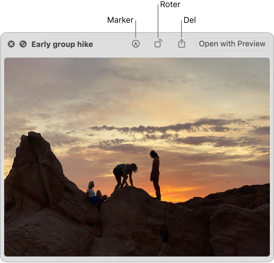 Et billede i vinduet Vis med knapper til at markere, rotere eller dele billedet eller åbne det i appen Billedfremviser.