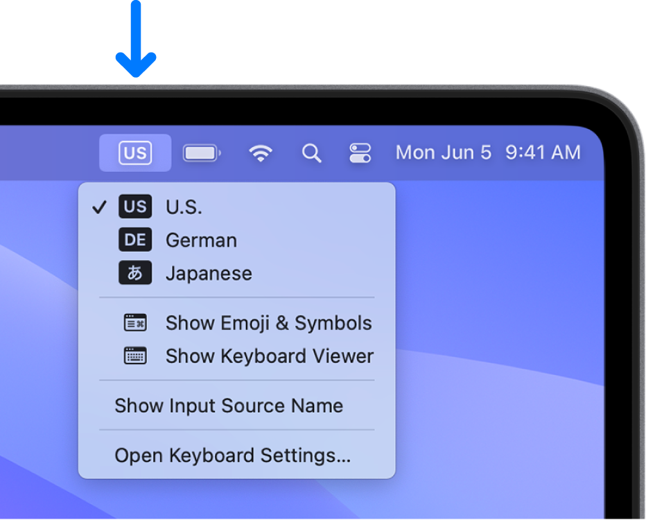 Den højre side af menulinjen. Tastaturmenuen er åben og viser indtastningsenheder, f.eks. tysk og japansk, og andre muligheder, f.eks. Vis Emojis og symboler.
