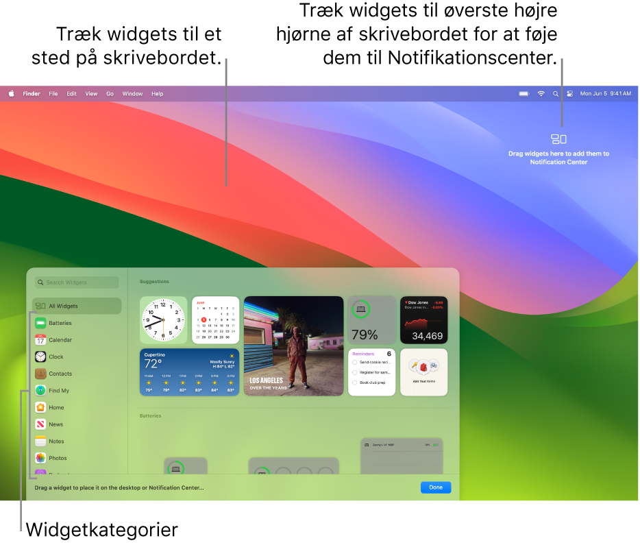 Widgetgalleriet, som viser en liste over widgetkategorier til venstre og tilgængelige widgets til højre.