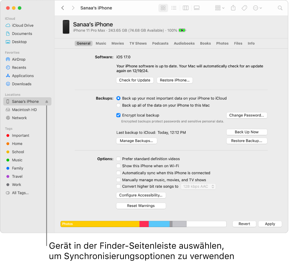 Ein in der Finder-Seitenleiste ausgewähltes Gerät und den im Fenster angezeigten Synchronisierungsoptionen