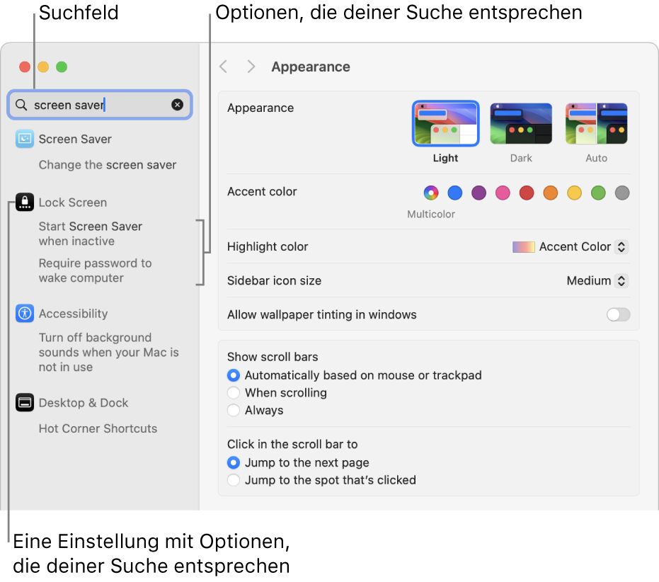 Das Fenster Systemeinstellungen zeigt „Bildschirmschoner“ im Suchfeld und eine Liste der passenden Suchergebnisse unterhalb des Suchfelds.