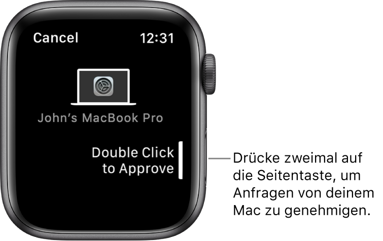 Apple Watch mit einer Bestätigungsanfrage von einem MacBook Pro.