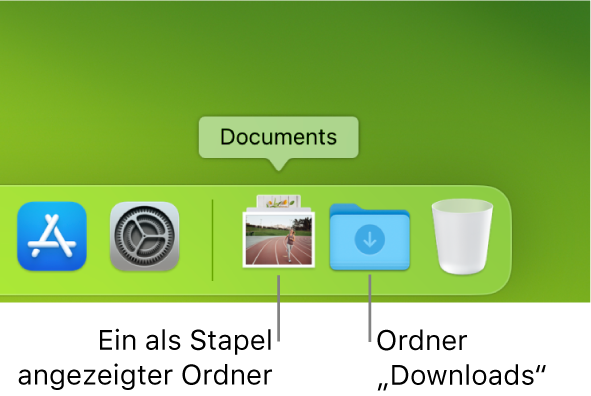 Die rechte Seite des Dock mit einem Ordner, der als Stapel angezeigt wird, und dem Ordner „Downloads“, der als Ordner zu sehen ist.
