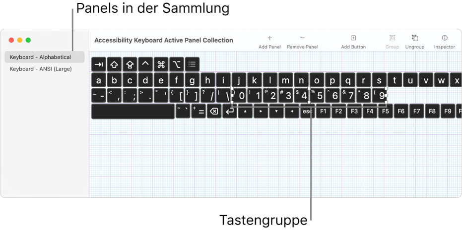 Teil eines Fensters mit einer Panelsammlung, das auf der linken Seite eine Liste mit Tastaturpanels und auf der rechten Seite Tasten und Gruppen zeigt, die in einem Panel enthalten sind.