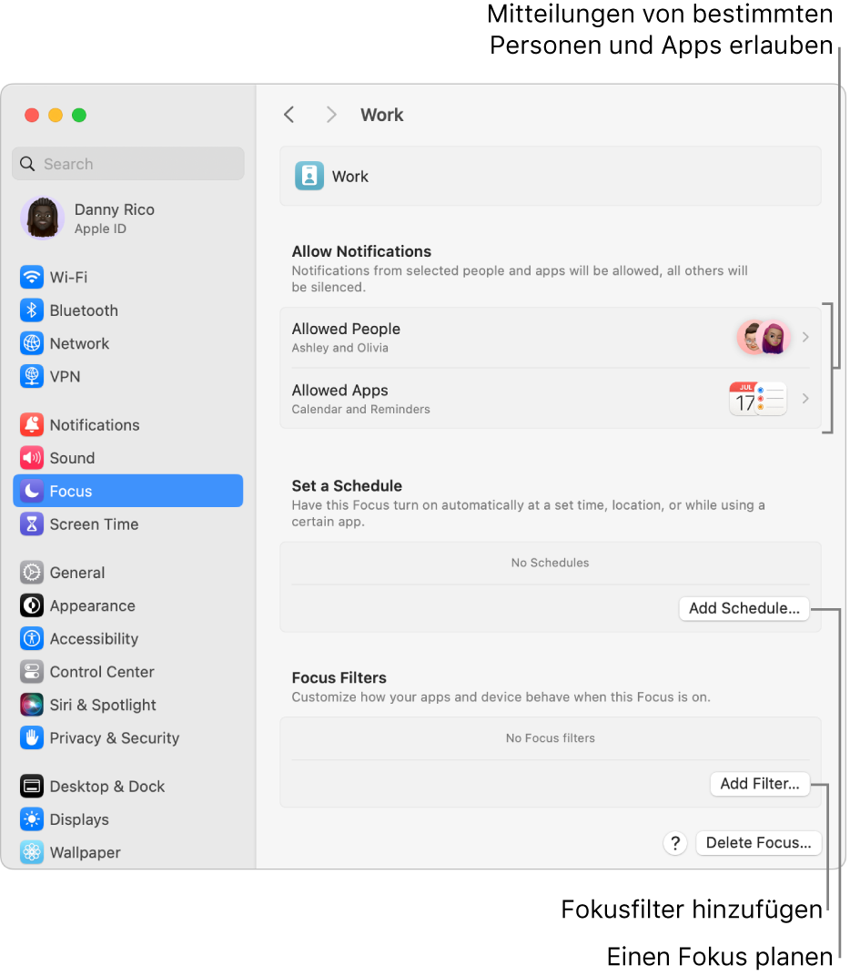 Fokus-Einstellungen mit den Einstellungen für den Fokus „Arbeiten“. Oben wird die Liste der Personen und Apps angezeigt, deren Mitteilungen erlaubt sind, wenn der Fokus „Arbeiten“ aktiv ist.