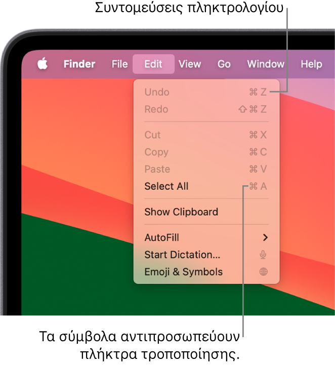 Το μενού «Επεξεργασία» είναι ανοιχτό στο Finder. Οι συντομεύσεις πληκτρολογίου εμφανίζονται δίπλα στα στοιχεία μενού.