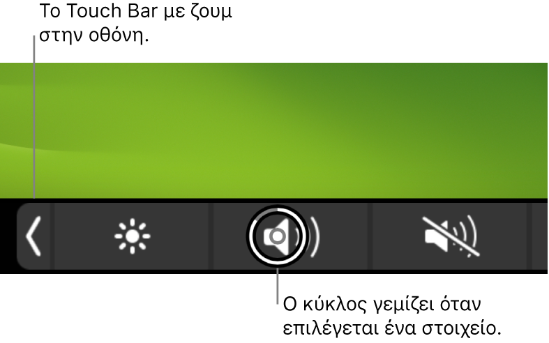 Το μεγεθυμένο Touch Bar κατά μήκος του κάτω μέρους της οθόνης. Ο κύκλος πάνω από ένα κουμπί γεμίζει όταν επιλέγεται το κουμπί.
