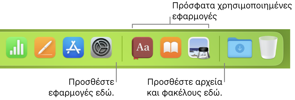 Ένα τμήμα του Dock, όπου εμφανίζονται διαχωριστικές γραμμές μεταξύ εφαρμογών, πρόσφατα χρησιμοποιημένων εφαρμογών και αρχείων και φακέλων.