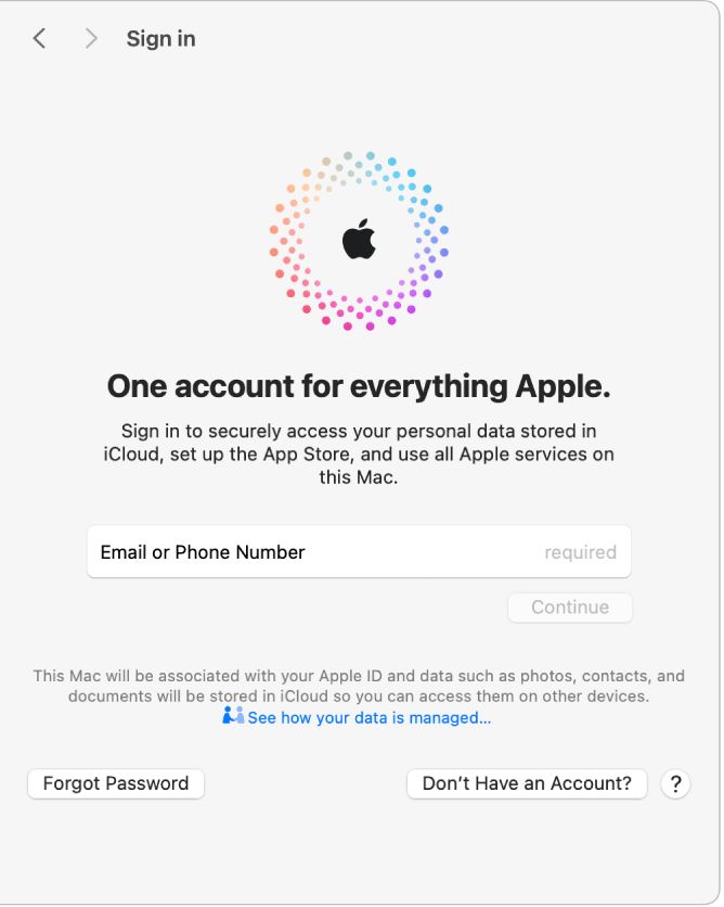 Τμήμα σύνδεσης μέσω Apple ID με ένα πεδίο κειμένου για την εισαγωγή email ή αριθμού τηλεφώνου και μια επιλογή «Δημιουργία Apple ID» για τη διαμόρφωση νέου Apple ID.