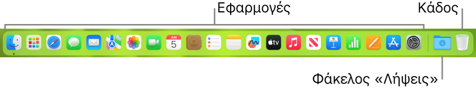 Το Dock όπου εμφανίζονται εικονίδια για εφαρμογές, η στοίβα «Λήψεις» και ο Κάδος.