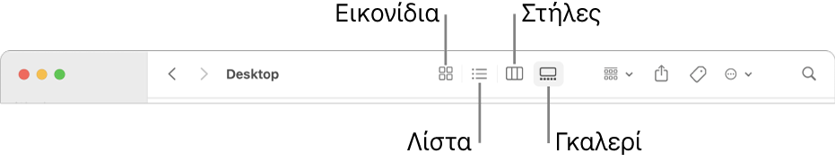 Το πάνω μέρος ενός παραθύρου Finder όπου εμφανίζονται κουμπιά επιλογών Προβολής για έναν φάκελο.