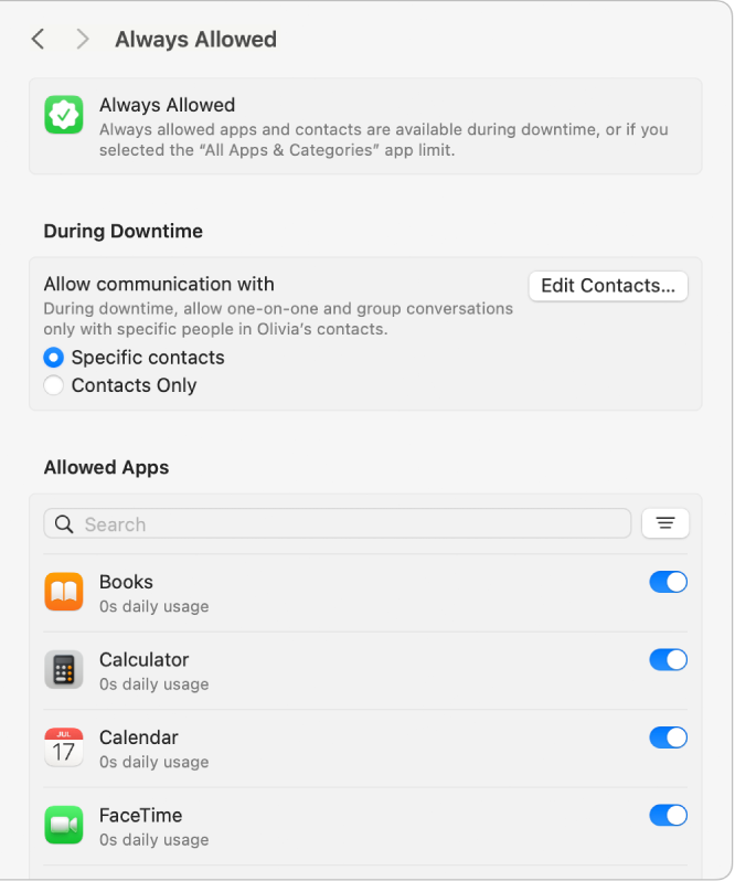 Always Allowed settings in Screen Time with downtime communication options selected and allowed apps sorted by state.