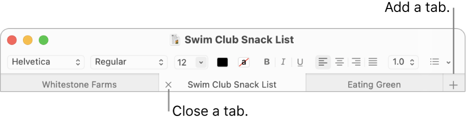 A TextEdit window with three tabs in the tab bar, located below the formatting bar. One tab shows the Close button. The Add button is located at the right end of the tab bar.
