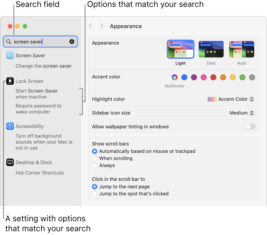 The System Settings window showing “screen saver” in the search field, and a list of matching search results below the search field.