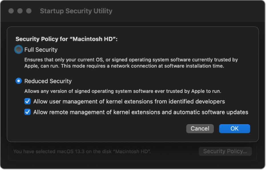 Startup Security Utility window showing the Reduced Security options.