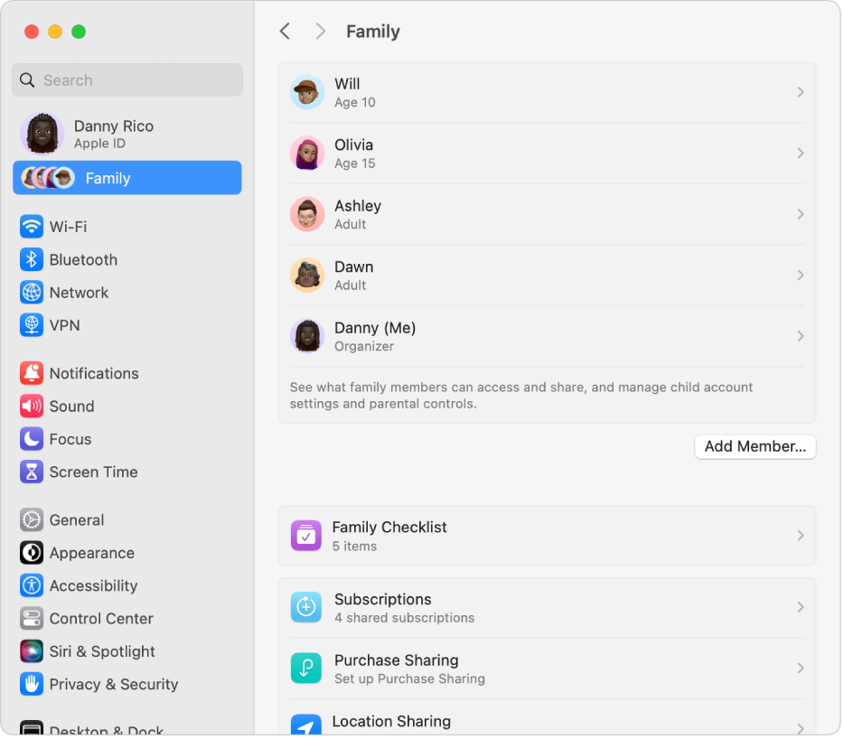 Family settings showing a list of family members for an existing account and different types of account options you can use with Family Sharing.