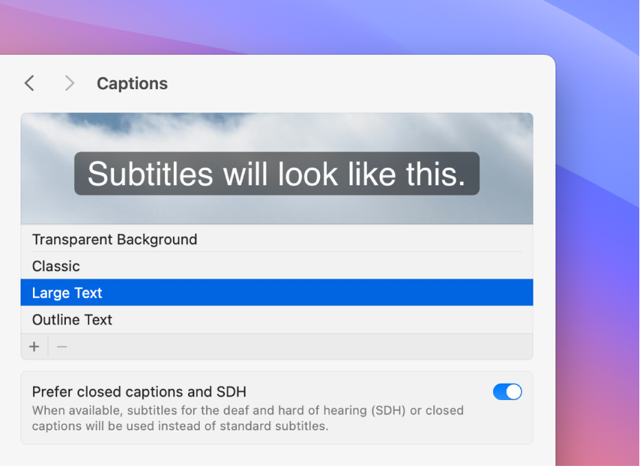 The Captions settings window, showing an example of large text subtitles.