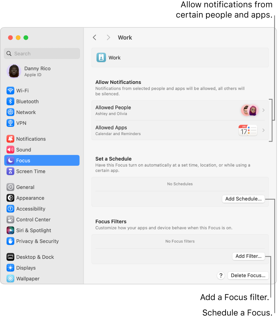 Focus settings showing settings for the Work Focus. At the top is the list of people and apps whose notifications are allowed when the Work Focus is active.