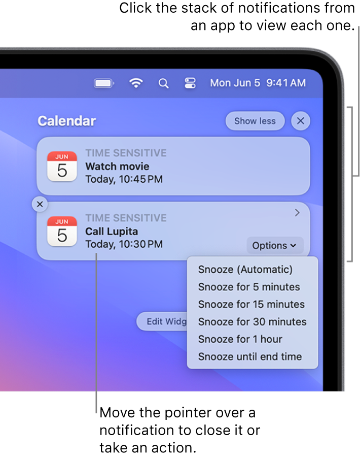 App notifications in the upper-right corner of the desktop, including an open stack of two Reminders notifications with a “Show less” button to collapse the stack, and one Calendar notification with a Snooze button.