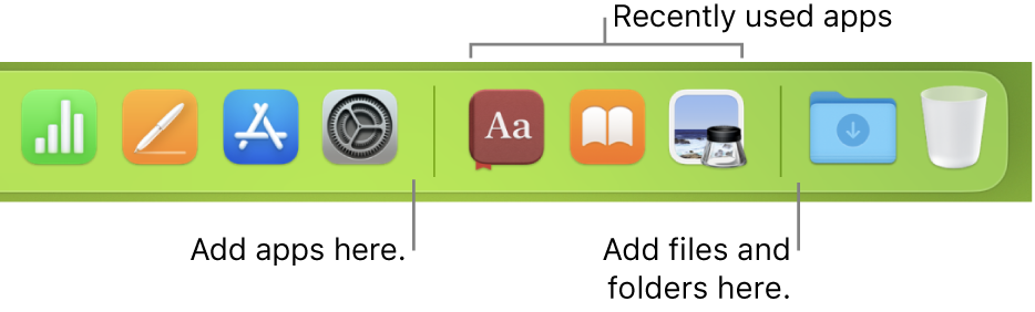 A portion of the Dock showing the separator lines between apps, recently used apps and files and folders.