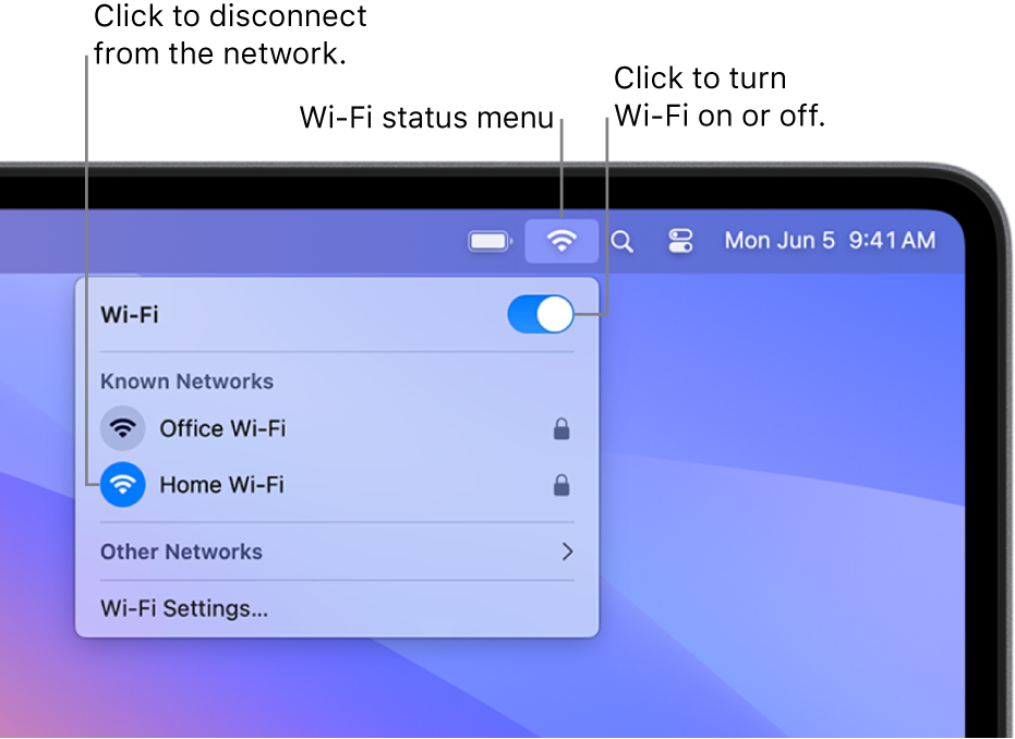 The Wi-Fi status menu, showing the Wi-Fi on/off button, a Personal Hotspot and known networks.