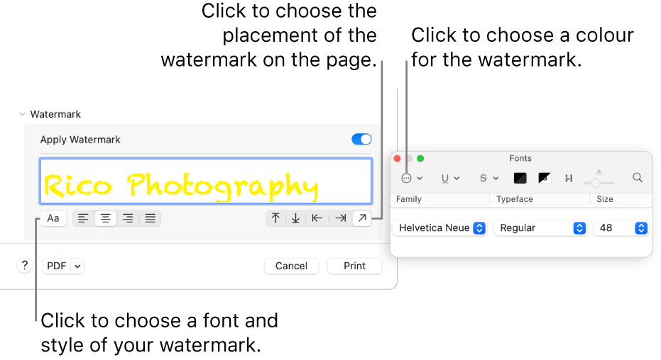 The Watermark print options showing the Apply Watermark, Location and Watermark Label options.