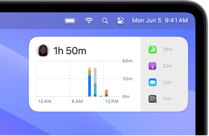 A desktop showing a Screen Time Daily Activity widget in Notification Centre.