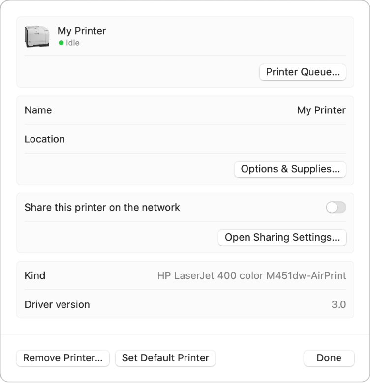 The Printer Information dialogue showing the fields for specifying the name and location of the printer, sharing options, the Remove Printer button and Set Default Printer button.