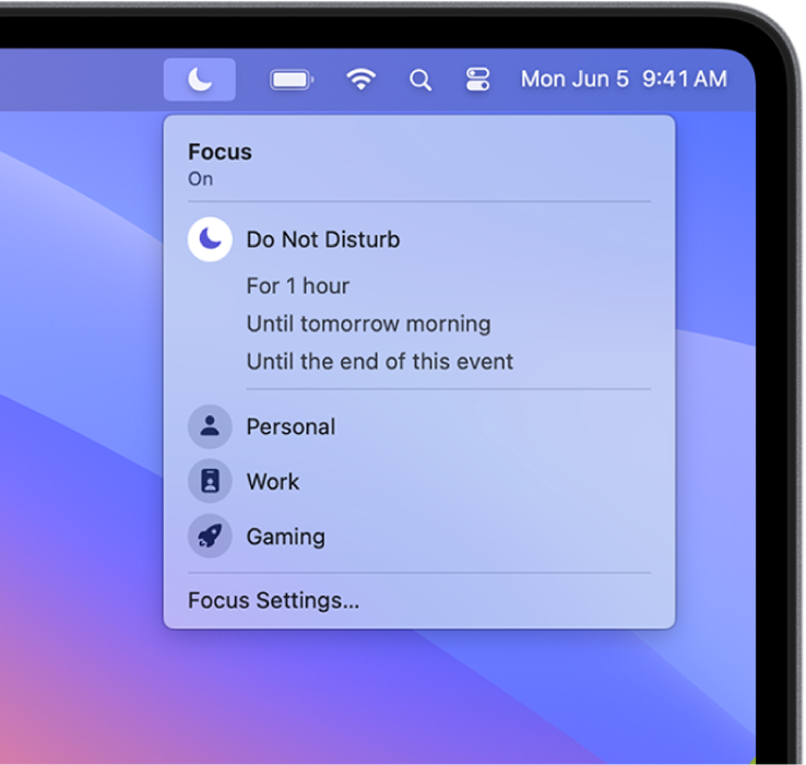 The Focus status menu open to show the Focus list, including Personal, Work, Study and others. Do Not Disturb is at the top of the list and is on for one hour.