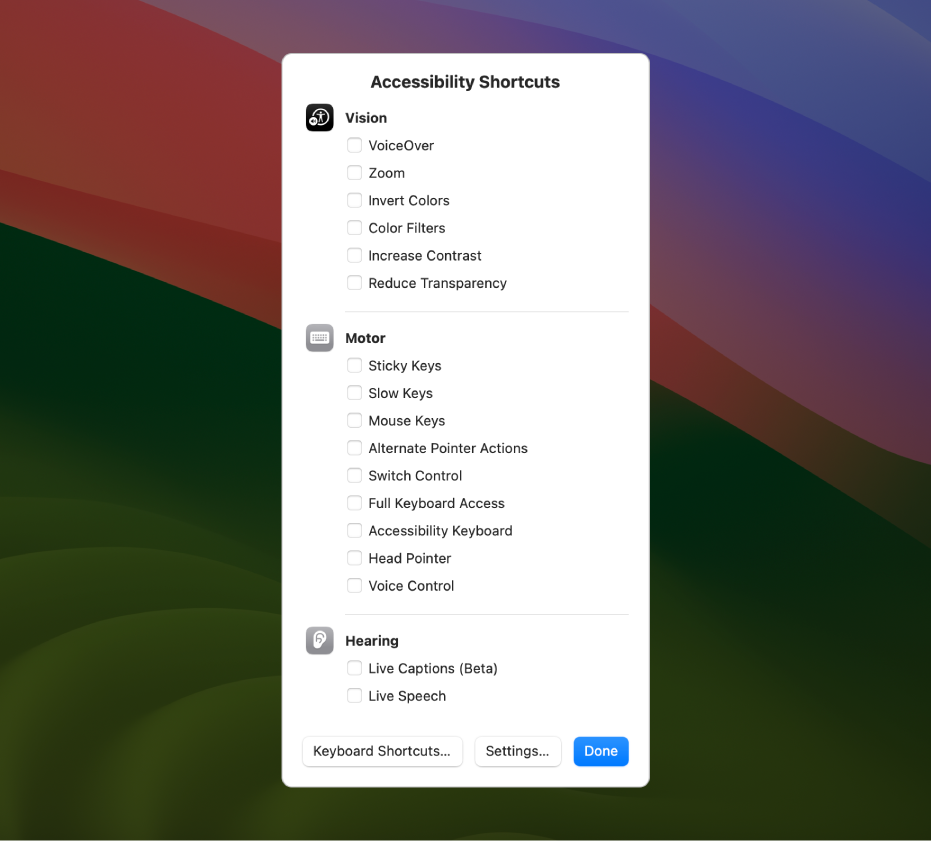 The Accessibility Shortcuts panel listing Vision features (such as Colour Filters), Physical Motor features (such as Full Keyboard Access) and Hearing features (such as Live Captions (Beta)).