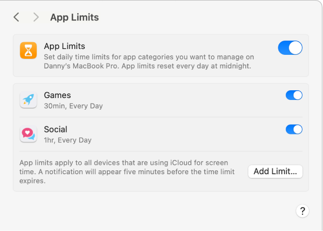 App Limits settings in Screen Time with App Limits turned on. Time limits are set up for two app categories.