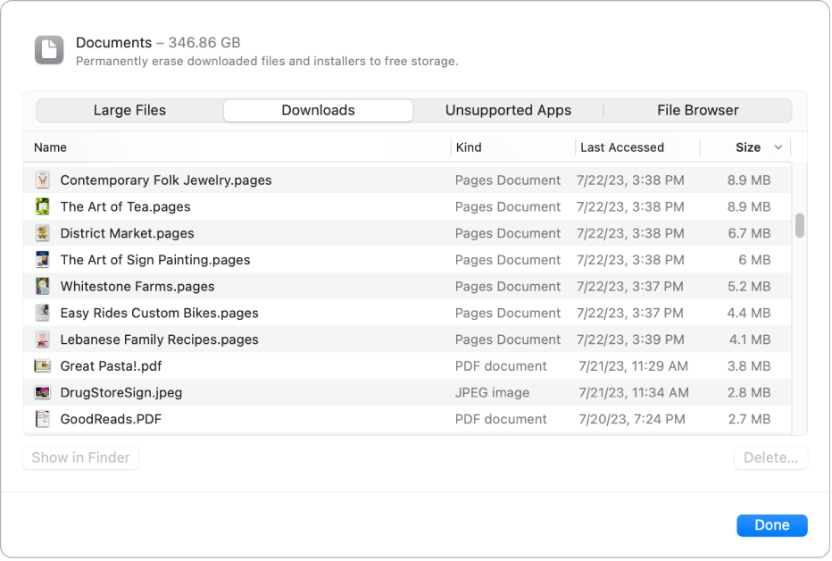 The Documents dialog showing files that can be selected and deleted to increase available storage space.
