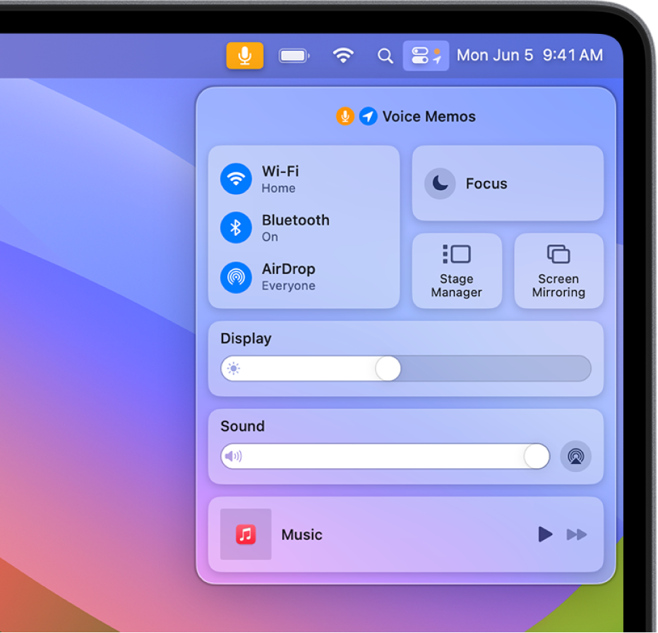 Control Center in the top-right corner of the Mac screen, showing controls for Wi-Fi, Focus, and Stage Manager, among others.
