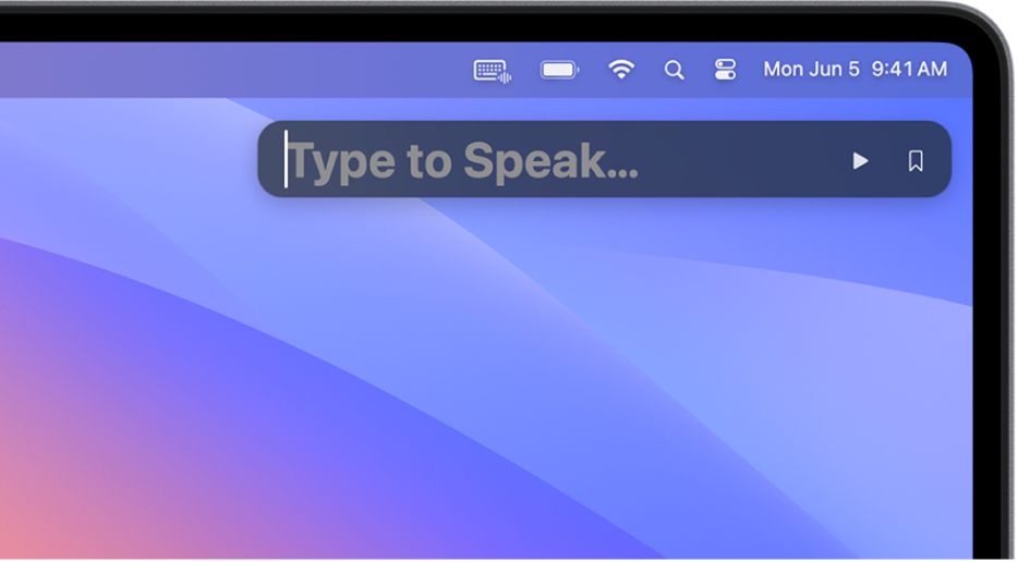 The Live Speech window is shown on the Desktop. Above, the Live Speech icon is shown in the menu bar.